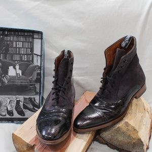 John Fluevog Mens Suede Adige Black Leather Purple Suede Ankle Boots, Size 10